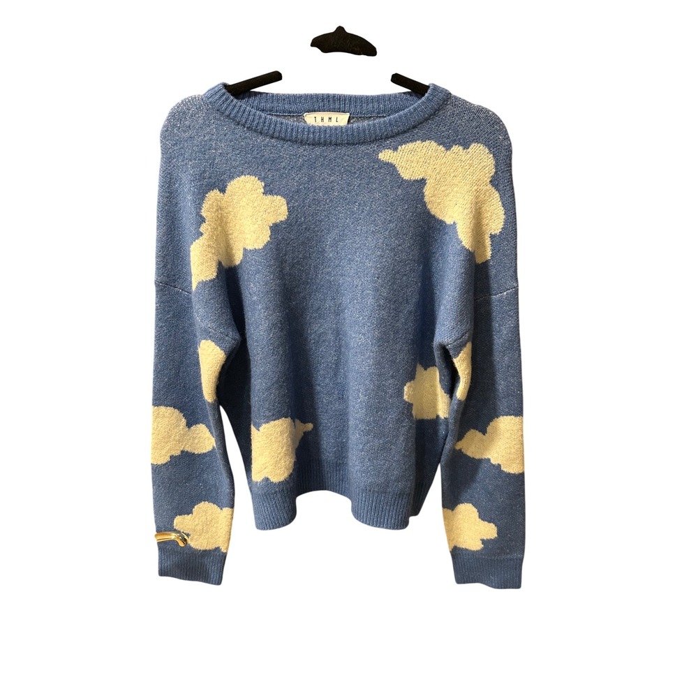 THML Blue Cloud Intarsia Knit Crewneck Sweater Women Medium TMK1548-BL
